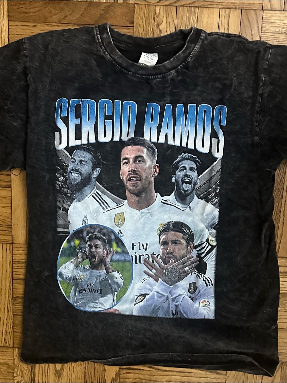Sergio Ramos Real Madrid Graphic T Shirt Black Acid Wash Size Large NWOT